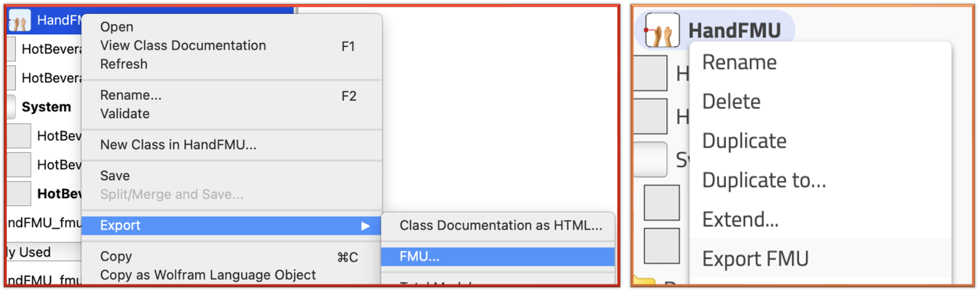 Exporting a model as FMU in Wolfram System Modeler (left) and Modelon Impact (Right).