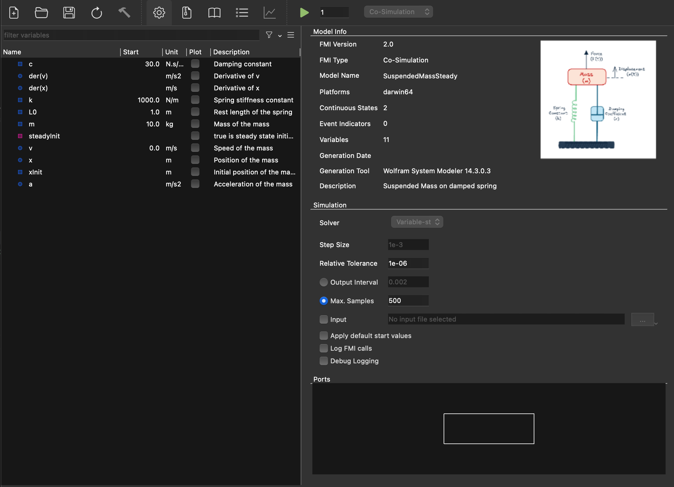 FMPy GUI showing model information, variables, and simulation settings